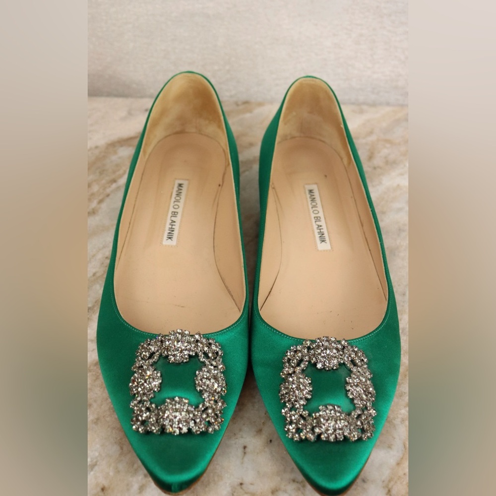 Manolo Blahnik Emerald Satin Heels with Crystal Embellishment
